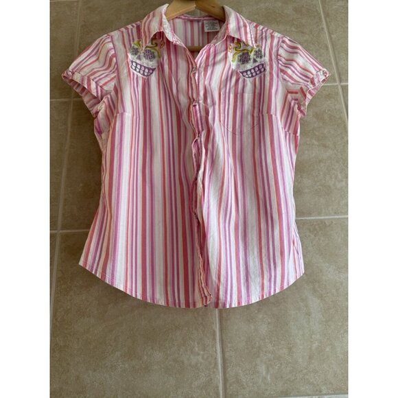 No Boundaries 90s Y2K Pink Striped Embroidered Skeleton Skull Button Down M/L - Picture 6 of 16